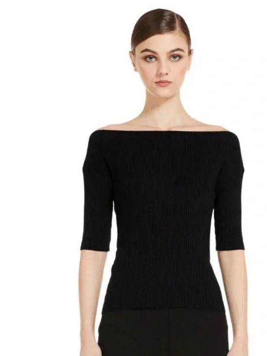 Max Mara Weekend Ribbed Knit Boat Neck Top Black | Fitted Stretch Off Shoulder - Picture 1 of 9